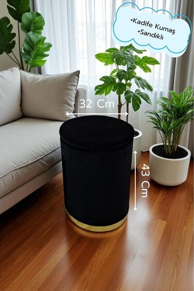 Arte Cotone Siyah Kadife Kumaş Dekoratif Silindir Koltuk Sandıklı Puf 32 X 43