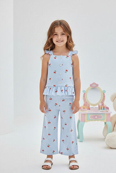Kübra Tekstil Lupinn Fashion Girl's Blue Plaid Patterned Cherry Printed Doubl...