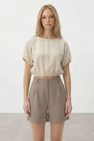 VAGGON Bej Çift Cepli Duble Paça Gizli Fermuarlı Keten Şort