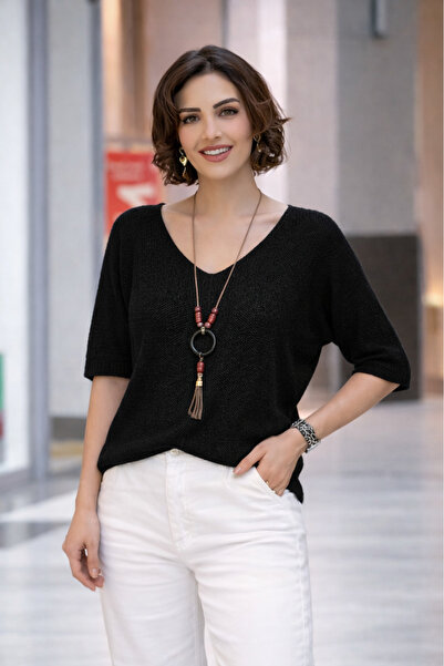 Nevin Kaya Moda بلوزة إيطالية بأكمام ثلاثية الأرباع مع هدية مجوهرات سوداء