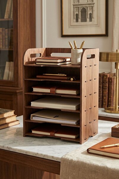 Evene Dosya Düzenleyici Masa Üstü Organizer Ahşap Evrak Rafı Ceviz Renk Model 5