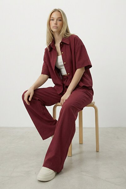 VAGGON Bordo Keten Gömlek Ve Palazzo Pantolon Takım