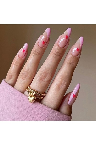 TipsArt Pembe Kırmızı Kalpli 24’lü Takma Tırnak Seti &amp; Zararsız Yapıştırıcı
