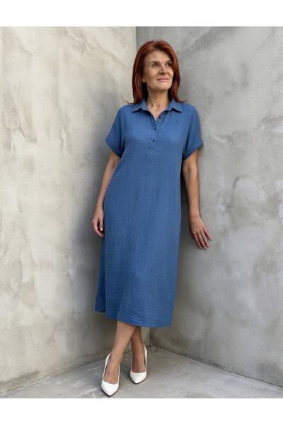 DenizEge Φόρεμα μουσελίνας με λαιμόκοψη σε σχήμα V, μπλε ινδιγκό