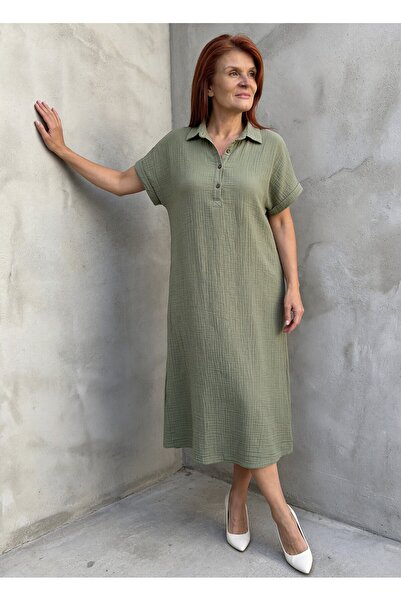 DenizEge Φόρεμα μουσελίνας με λαιμόκοψη σε σχήμα V, χακί