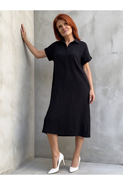 DenizEge Φόρεμα μουσελίνας με τρία κουμπιά σε μαύρο χρώμα