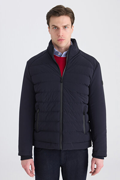 Twn Relaxed Fit Navy Blue Plain Coat