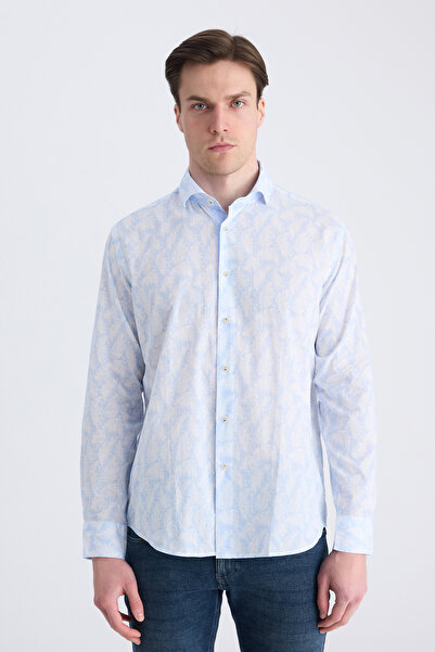 D'S Damat Ds Damat Regular Fit Mavi Baskılı %100 Pamuklu Gömlek
