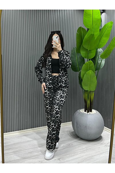 hiranurfashion Kadın Leopar Desenli Geniş Paça Fermuarlı ZR Krep Eşofman Takımı