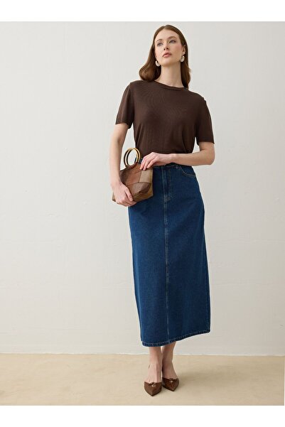 Refka Cep Detaylı Uzun Kot Etek - Mavi -