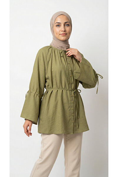 MİHRA STORE Πουκάμισο Nurşen με στριφτή ραφή στο μανίκι - ZN2098 Πράσινο λαδί