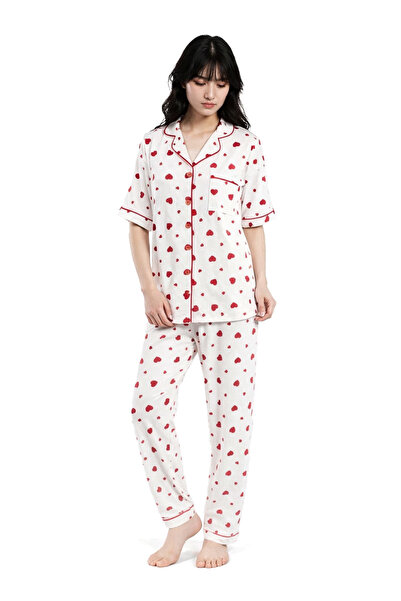 Ecrou Women's Ecru Heart Baby Collar Short Sleeve Pajama Set