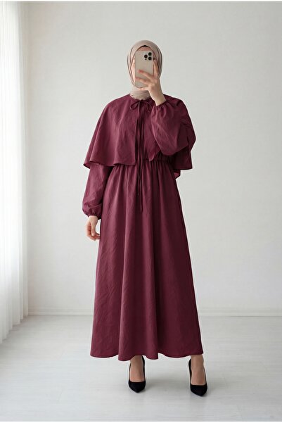 MİHRA STORE Lora Front-Tie Waist Cinched Cape Dress-Bn4429 Burgundy