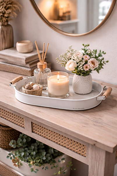 Arma House White Country Style Large Size Oval Tray with Wooden Handle 32 Cm