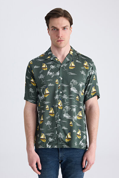 Twn Слим фит каки риза с принт от вискоза