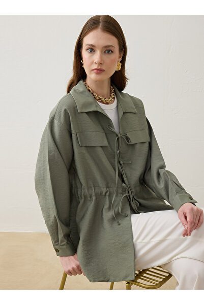 Refka Modal Fabric Shiny Blouse / Shirt with Tie Detail - Khaki -