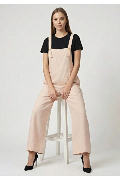 Little Visqon Kadın Geniş Paça Keten Görünümlü Bahçıvan Askılı Rahat Kesim Sa...