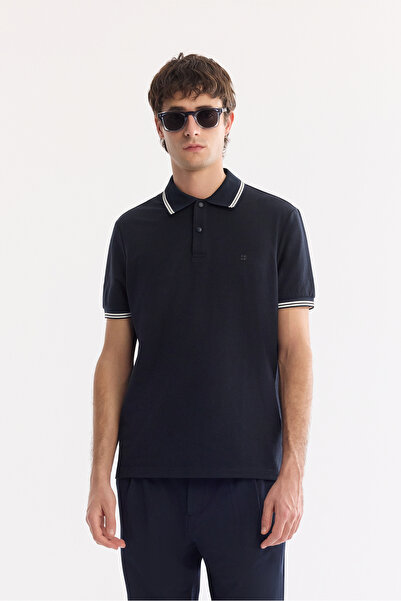 Avva Men's Navy Blue Non-Curling Polo Collar Cotton Pack Technical Fabric Reg...