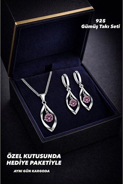 BEREN KILIÇ 925 Ayar Pembe Taşlı Zarif Döngü Tasarım Gümüş Kolye Küpe Seti – ...