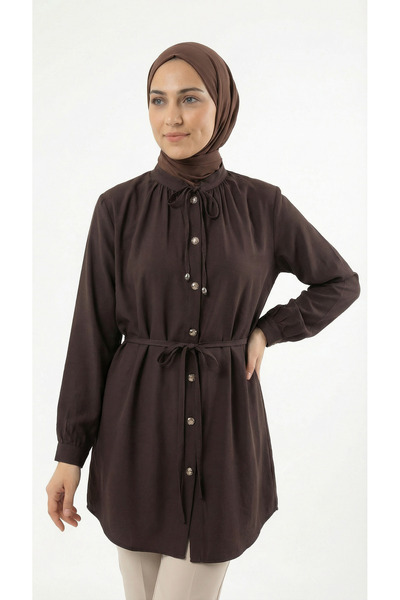 MİHRA STORE Πουκάμισο με γιακά και κορδόνι - ZN2091 Καφέ