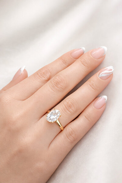 FA LORA TAKI Altın Kaplama Pırlanta Kesim Oval Baget Tek Taş Yüzük