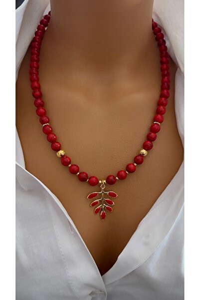 Nevaa Still Sıkma mercan doğaltaş altın kaplama uç yaprak çoklu kolye