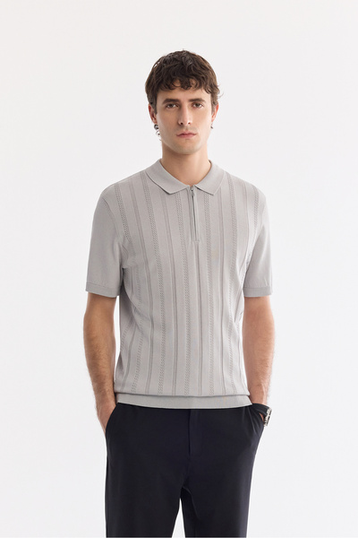 Avva Erkek Gri Polo Yaka Fermuarlı Rayon Regular Fit Triko T-shirt A61Y5018