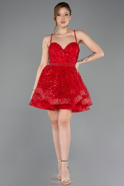 Abiyefon Kırmızı Askılı Kısa Pullu Abiye Elbisesi ABK2435