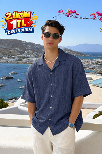 DAMGA JEANS Men's Summer Short Sleeve Navy Blue Linen Shirt