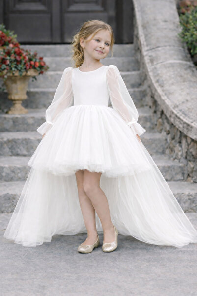 SUNEH Kız Çocuk Ön kısa Arka Uzun Kuyruk Detaylı Uzun Kollu Beyaz Balo, Parti...