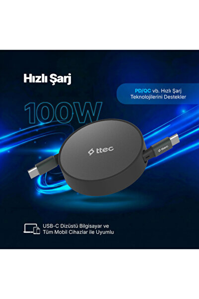 Ttec USB-C - USB-C Mini Makaralı 100W PD/QC 120cm Hızlı Şarj Kablosu