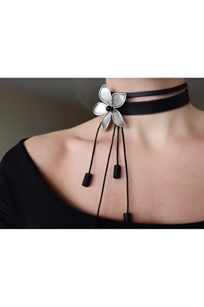DENİZ TASARIM Deri ve Gümüş Kaplama Çiçekli Choker Kolye
