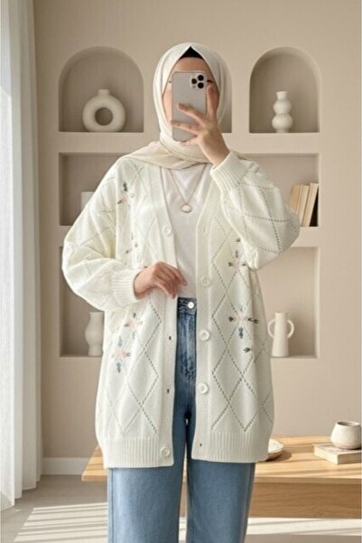 Modamorfo Cardigan din tricot cu broderie florală ajurata ecru - cu nasturi