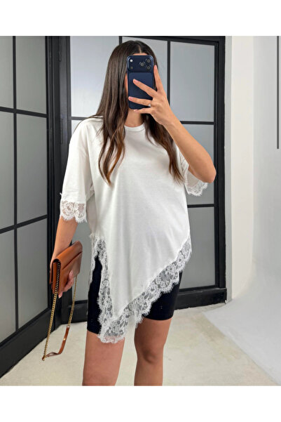 Mzr Collection KADIN DANTEL DETAYLI ASİMERİK T-SHIRT