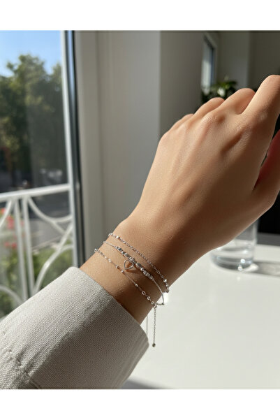 Home Sevgiliye Özel Kalp Figürlü Gümüş Renk 3'lü Kombin Bileklik Seti - Şık K...