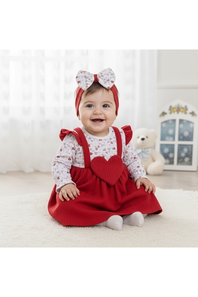 MİNİBORN Soft Cotton Floral Pattern Heart Baby Girl Dress