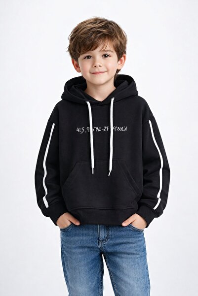 Cansın Mini Siyah Baskılı Erkek Çocuk Şeritli Kapüşonlu Sweatshirt 19216