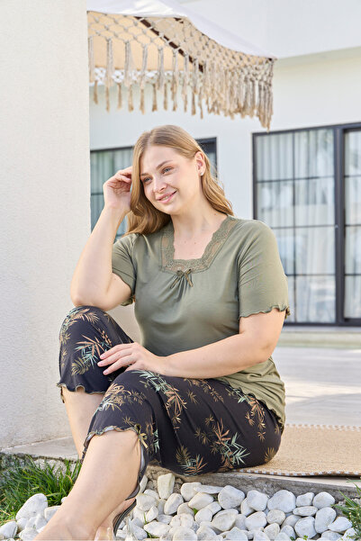 Miss Meryem Haki Ring Viskon Dantel Detaylı Kısa Kol Büyük Beden Kapri Pijama...