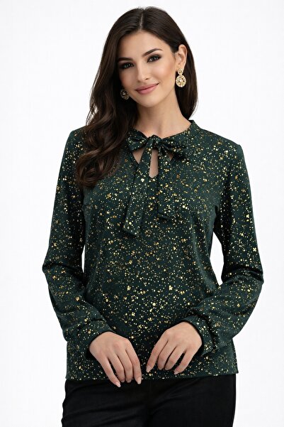 StarShinerS Bluza din catifea cu insertii aurii, croi larg si guler tip esarfa