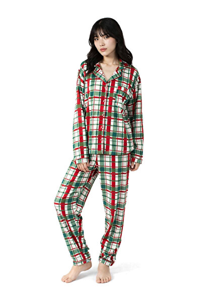 Ecrou Women's Green Plaid New Start Peter Pan collar Long Sleeve Trouser Paja...