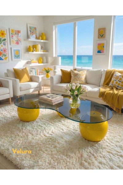 Velura Home & Living Küre Orta Sehpa - Sarı - Fasulye - Füme Cam