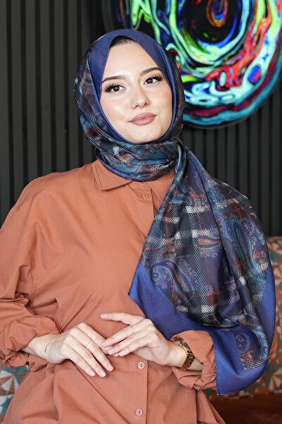 AFVENTE Plaid Paisley Pattern Navy Blue Soft Cotton Shawl