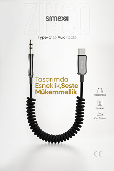Simex Type-C to 3.5mm Tak Çalıştır Kumaş Spiralli AUX Kablosu Örgülü Kumaş