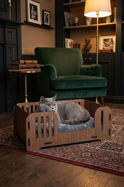 Evene Büyük Kedi Yatağı Dekoratif Ahşap Dayanıklı Ceviz Renk Model 5