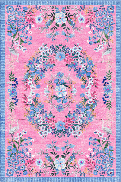 kilim home Pembe Çiçek Çelengi Turna Kuşlu Vintage Halı - Bohem Bahar Dokunuşu