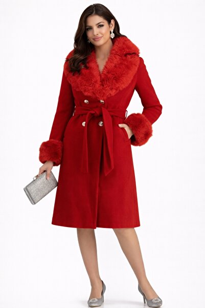 StarShinerS Women's fitted fabric coat with removable eco-fur collar