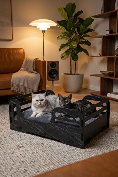 Evene Büyük Kedi Yatağı Dekoratif Ahşap Dayanıklı Siyah Mermer Renk Model 4