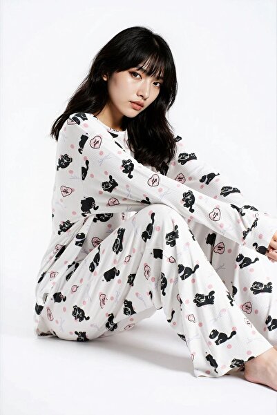 Ecrou Kadın Ekru Kedi Raporlu Kaşkorse Doku Seoul Uzun Kol Üst Pantolon Pijam...