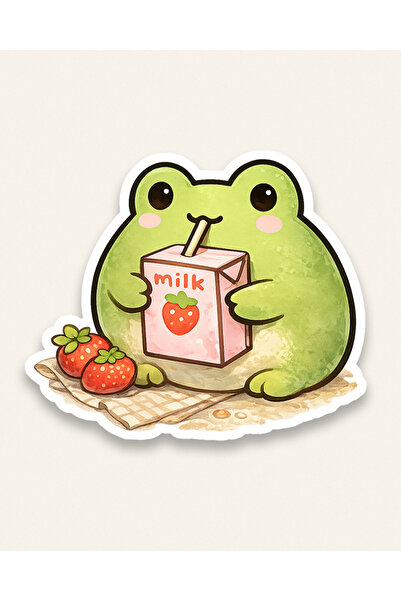 furikraft.co Kurbik Çilekli Süt Kurbağa Sticker – Laptop Sticker, Defter Stic...