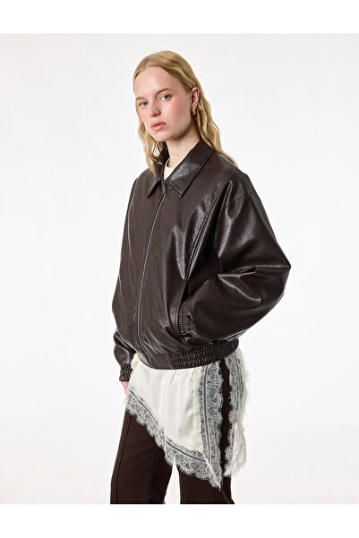Koton Uzun Kollu Cepli Fermuarlı Suni Deri Ceket
